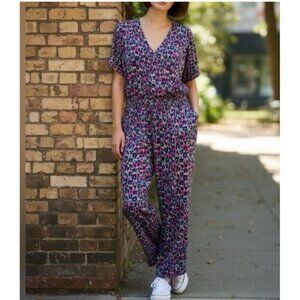 PACT Women’s Sz M Colorful Leopard Print Jumpsuit Elastic Waist Organic Cotton
